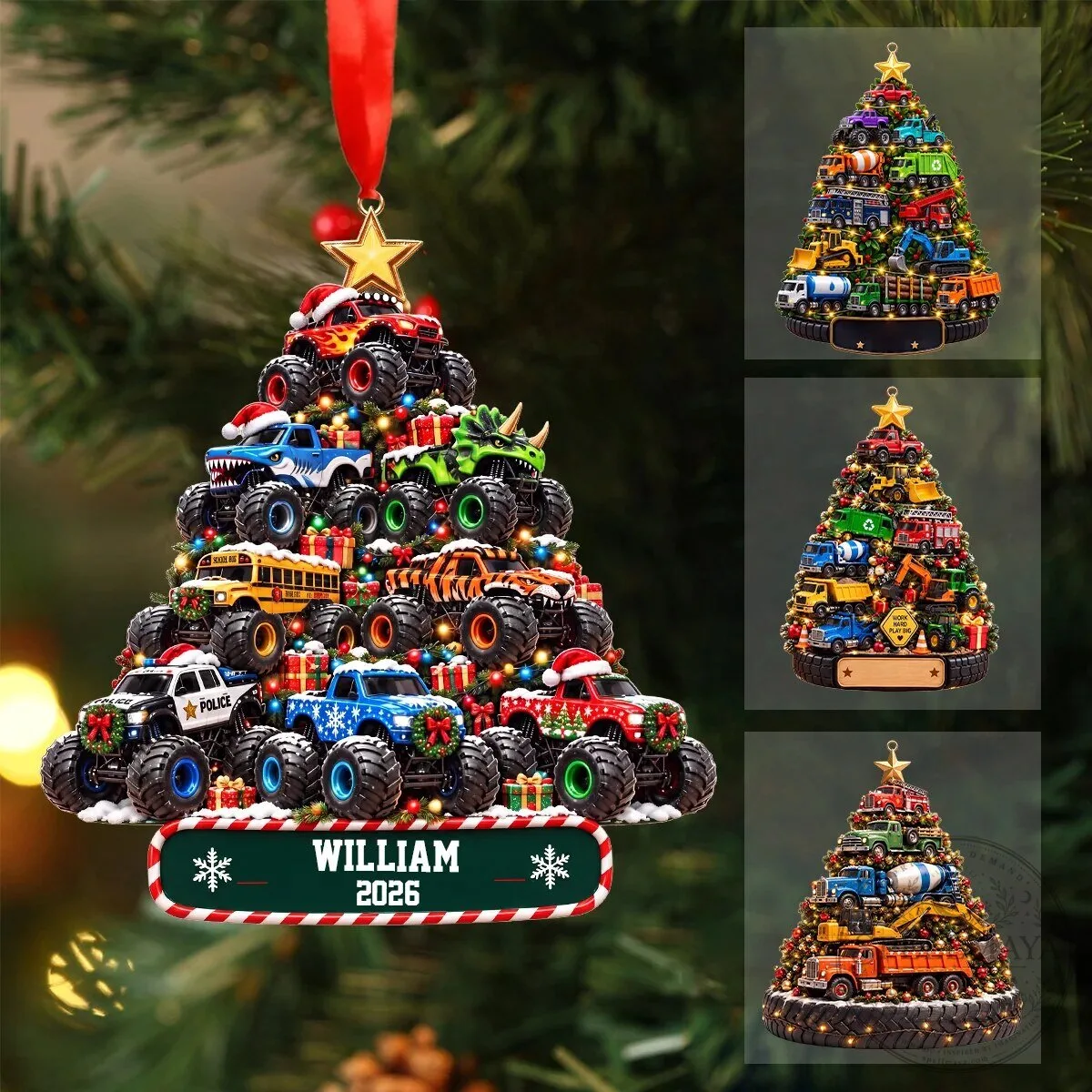 Personalized Monster Truck Christmas Tree Ornament with Custom Name and Year