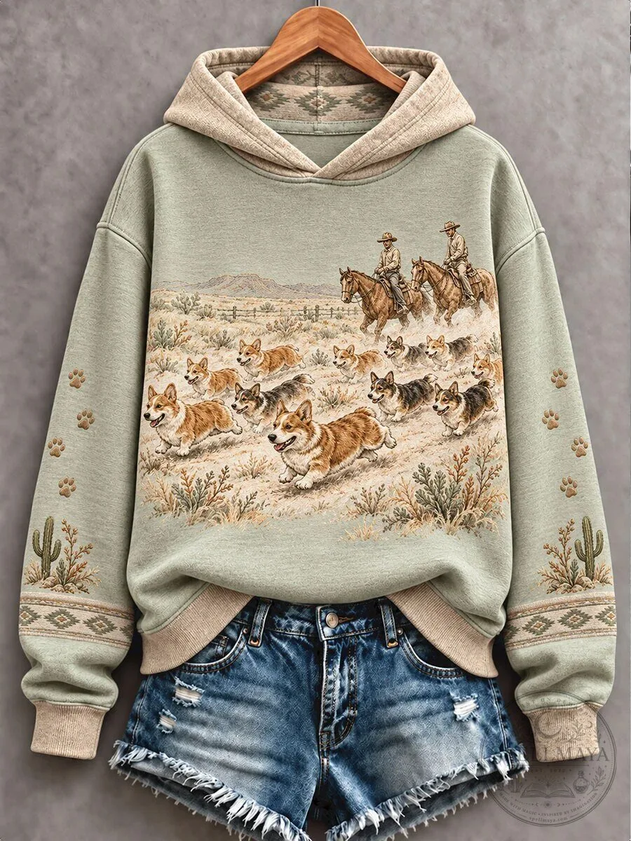 Western Cowboy Corgi Dog Lover Desert Scene Graphic Print Hoodie