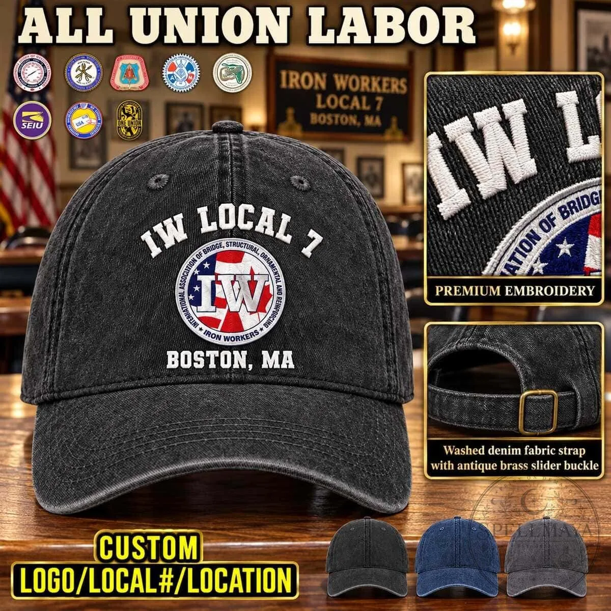 Iron Workers Local 7 Boston Union Labor Embroidered Washed Denim Baseball Cap Hat