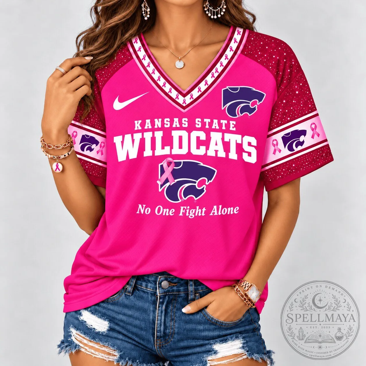 Kansas State Wildcats No One Fights Alone Pink V-Neck T-Shirt