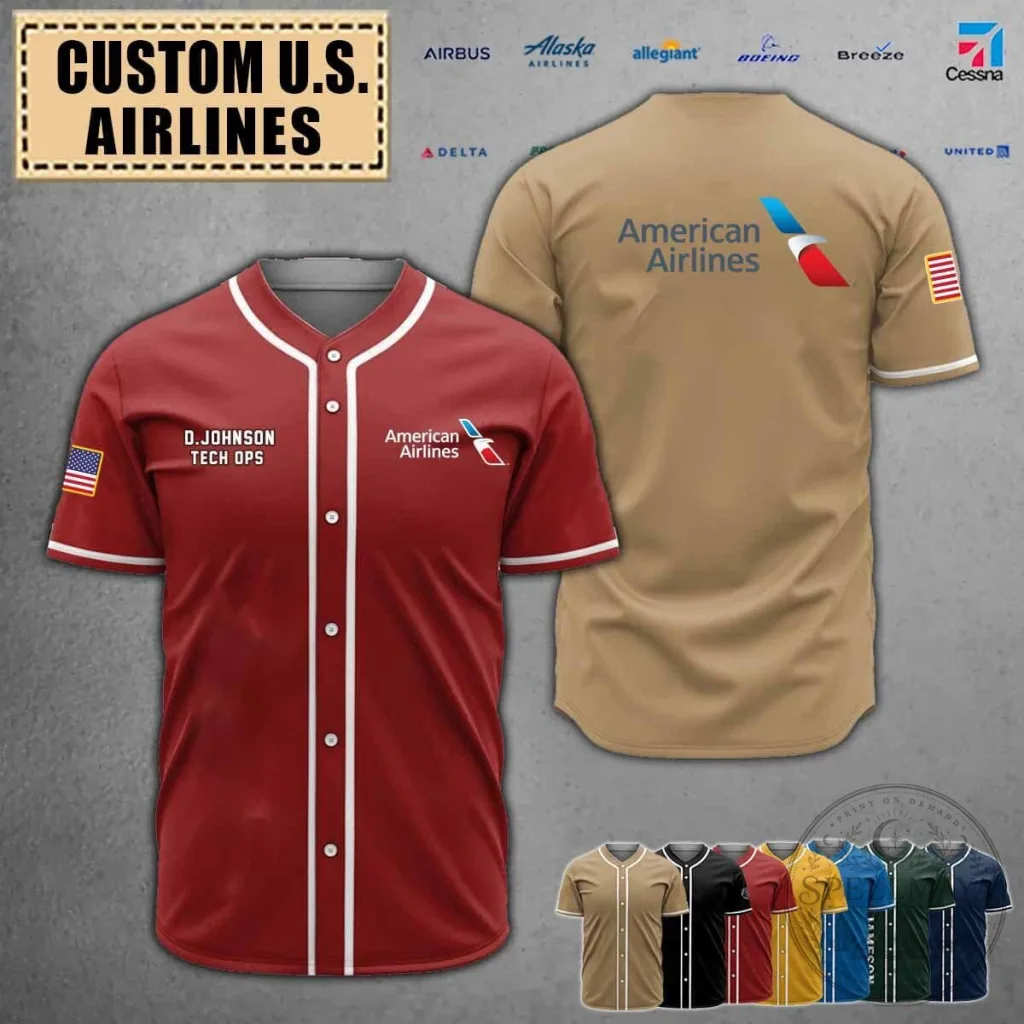 American Airlines Custom Name Baseball Jersey with United States Flag