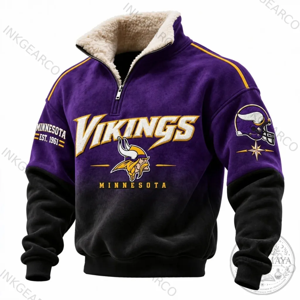 Minnesota Vikings Football Team Quarter-Zip Fleece Sweatshirt with Sherpa Collar Minnesota Vikings Football Team Quarter-Zip Fleece Sweatshirt with Sherpa Collar