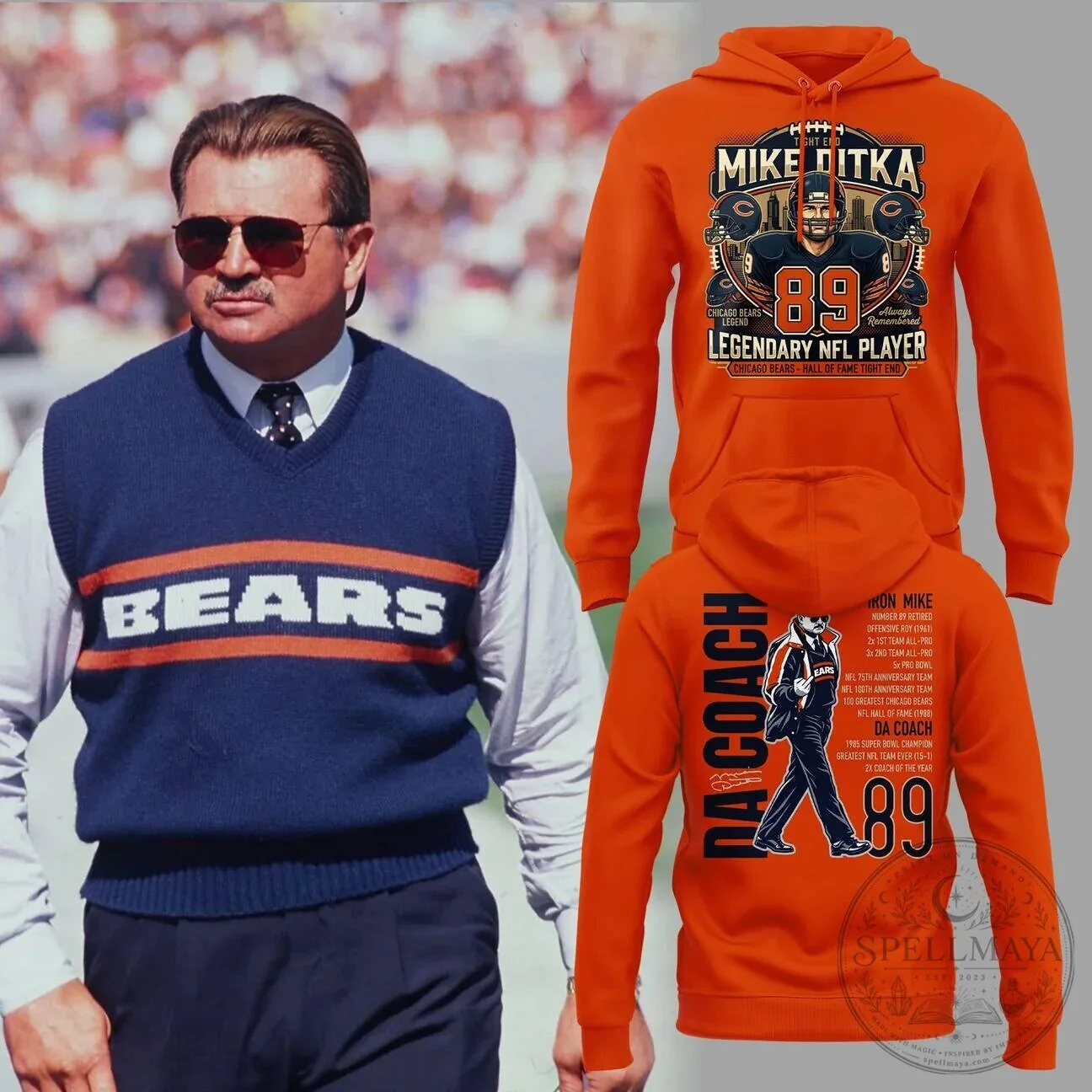 Mike Ditka Chicago Bears Legendary NFL Player Orange Hoodie