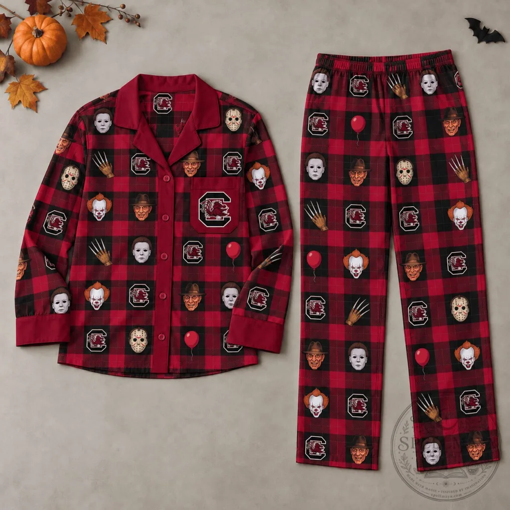 South Carolina Gamecocks Halloween Horror Movie Characters Plaid Pajamas Set South Carolina Gamecocks Halloween Horror Movie Characters Plaid Pajamas Set