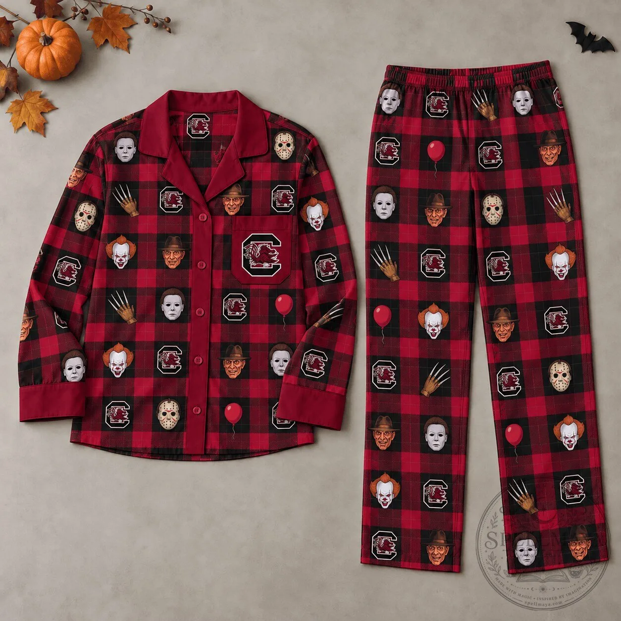 South Carolina Gamecocks Halloween Horror Movie Characters Plaid Pajamas Set