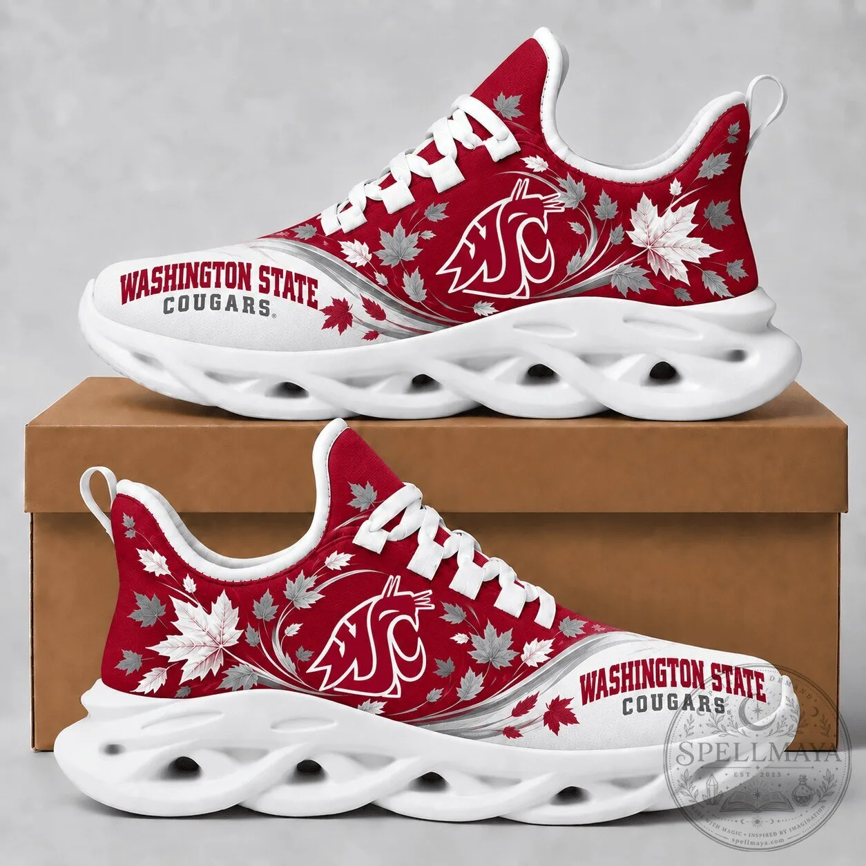 Washington State Cougars Autumn Maple Leaves Patterned Sports Shoes 2 Washington State Cougars Autumn Maple Leaves Patterned Sports Shoes