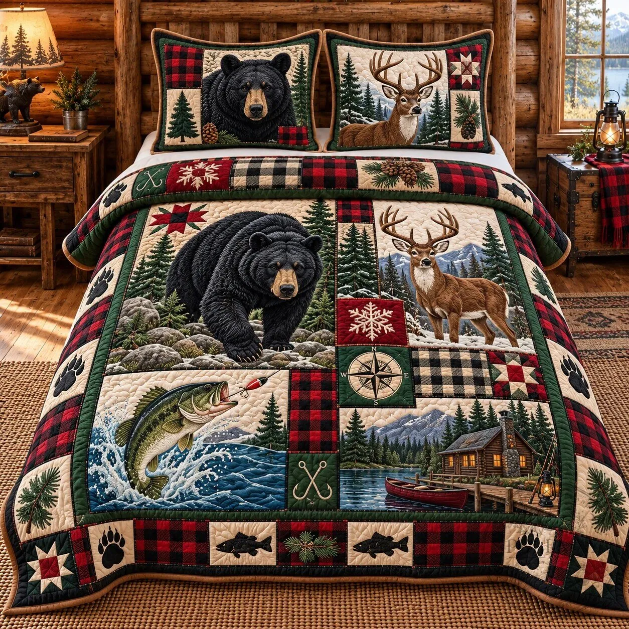 Rustic Bear Deer Fishing Patchwork Quilted Bedding Set