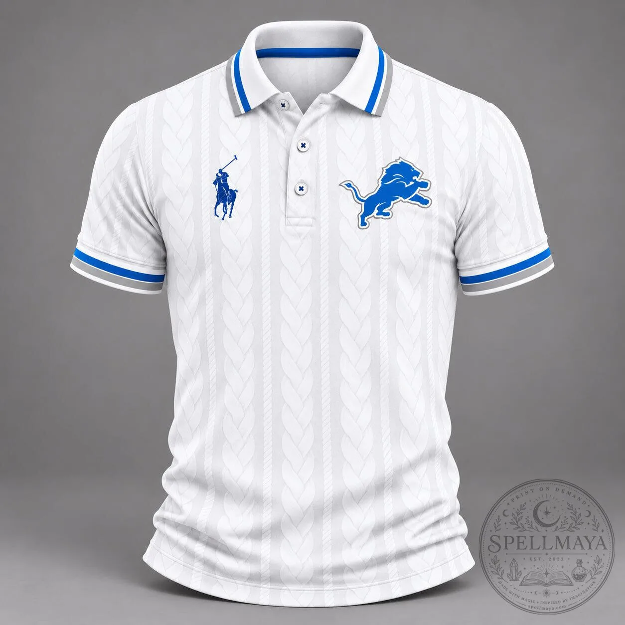 Detroit Lions NFL Football Team Classic White Cable Knit Pattern Polo Shirt