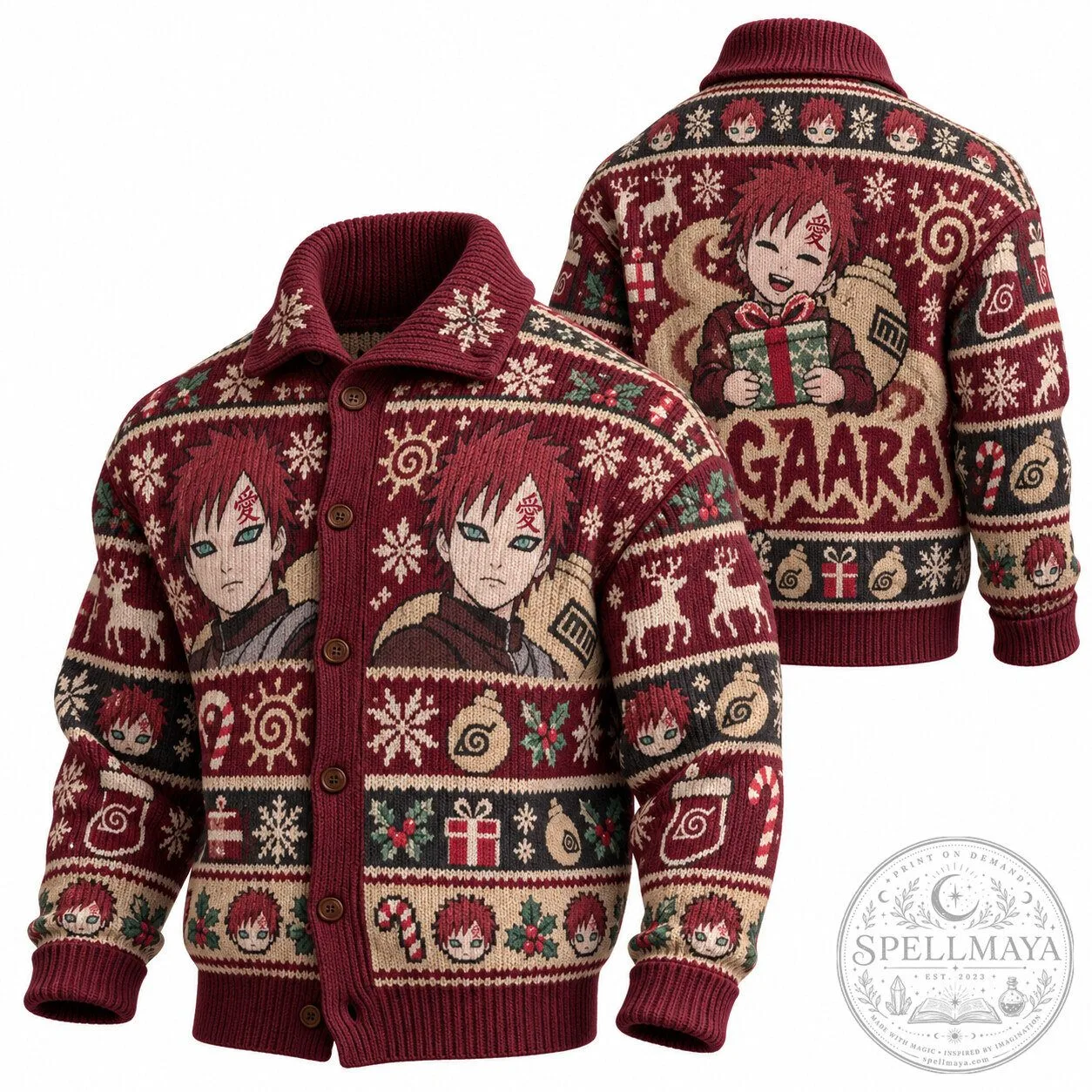 Gaara Naruto Anime Ugly Christmas Sweater Holiday Knit Cardigan