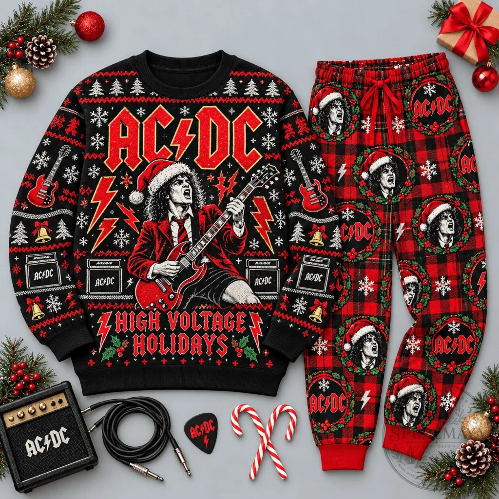 ACDC High Voltage Holidays Christmas Ugly Sweater and Plaid Pajamas Set AC/DC High Voltage Holidays Christmas Ugly Sweater and Plaid Pajamas Set