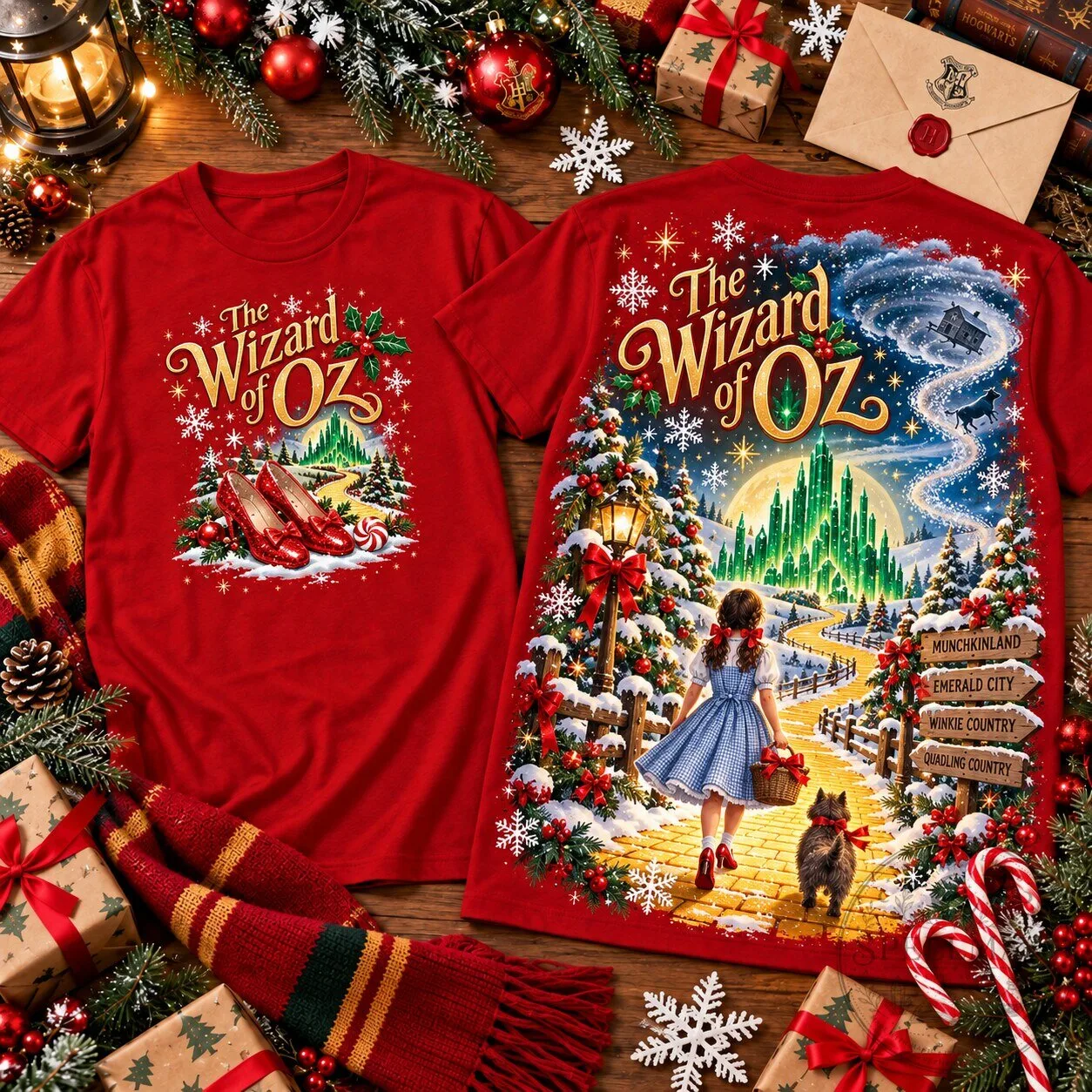 The Wizard of Oz Christmas Fantasy Ruby Slippers Emerald City Red T-Shirt
