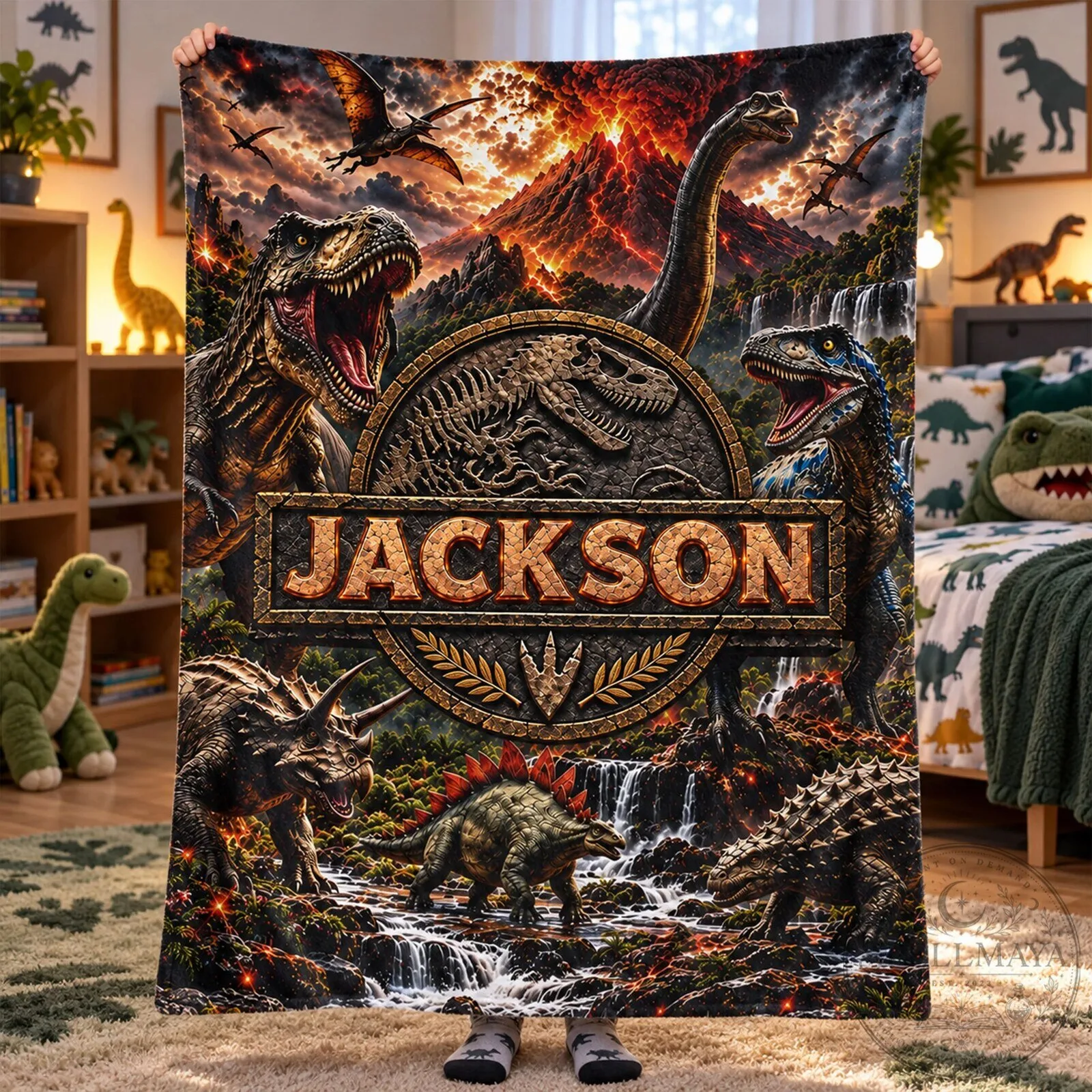 Personalized Jurassic Park Dinosaur Volcano Scene Custom Name Blanket