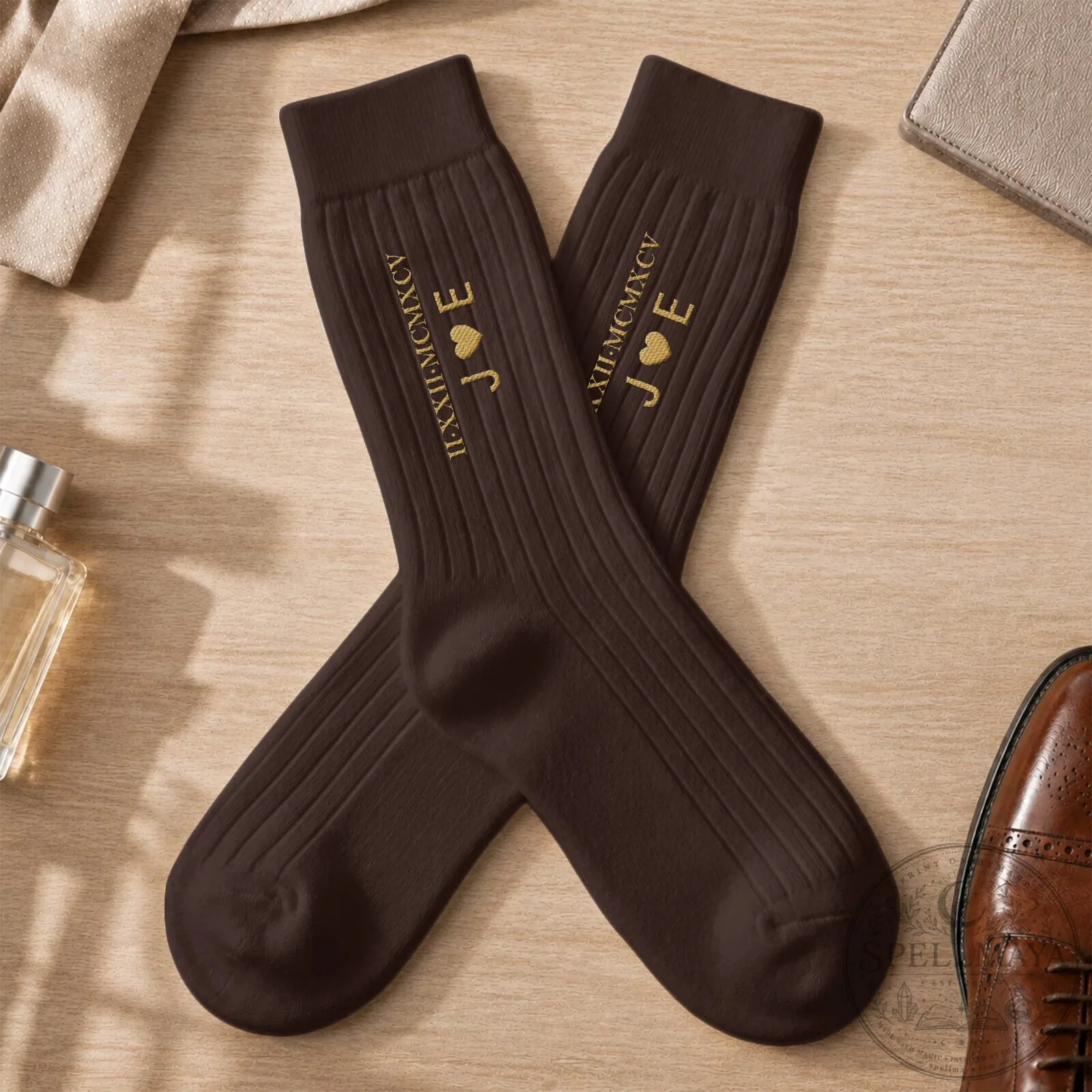 Personalized Roman Numeral Date and Initials Embroidered Brown Socks