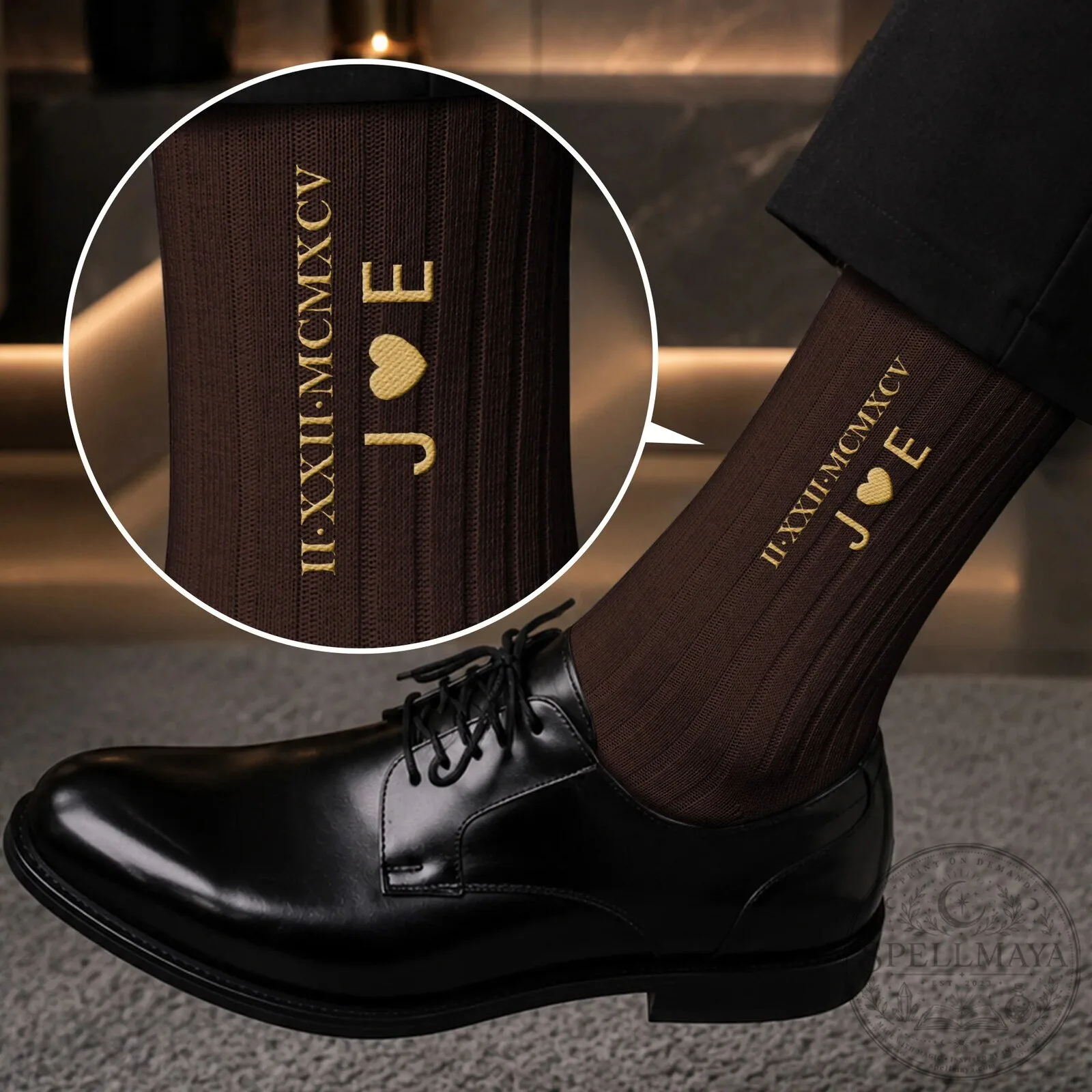 Personalized Roman Numeral Date and Initials Embroidered Brown Socks 12 Personalized Roman Numeral Date and Initials Embroidered Brown Socks