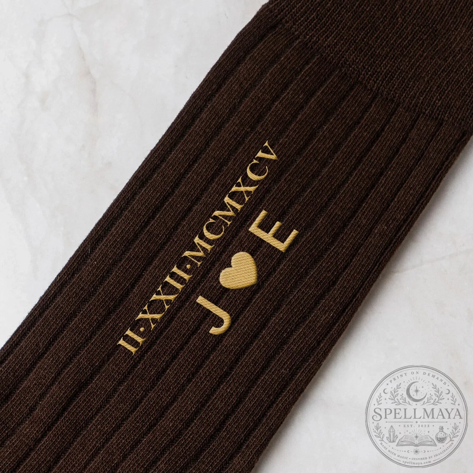 Personalized Roman Numeral Date and Initials Embroidered Brown Socks 13 Personalized Roman Numeral Date and Initials Embroidered Brown Socks