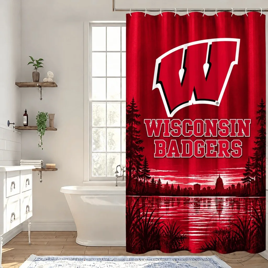 Wisconsin Badgers Red Forest Lake Silhouette College Football Shower Curtain 26 Wisconsin Badgers Red Forest Lake Silhouette College Football Shower Curtain
