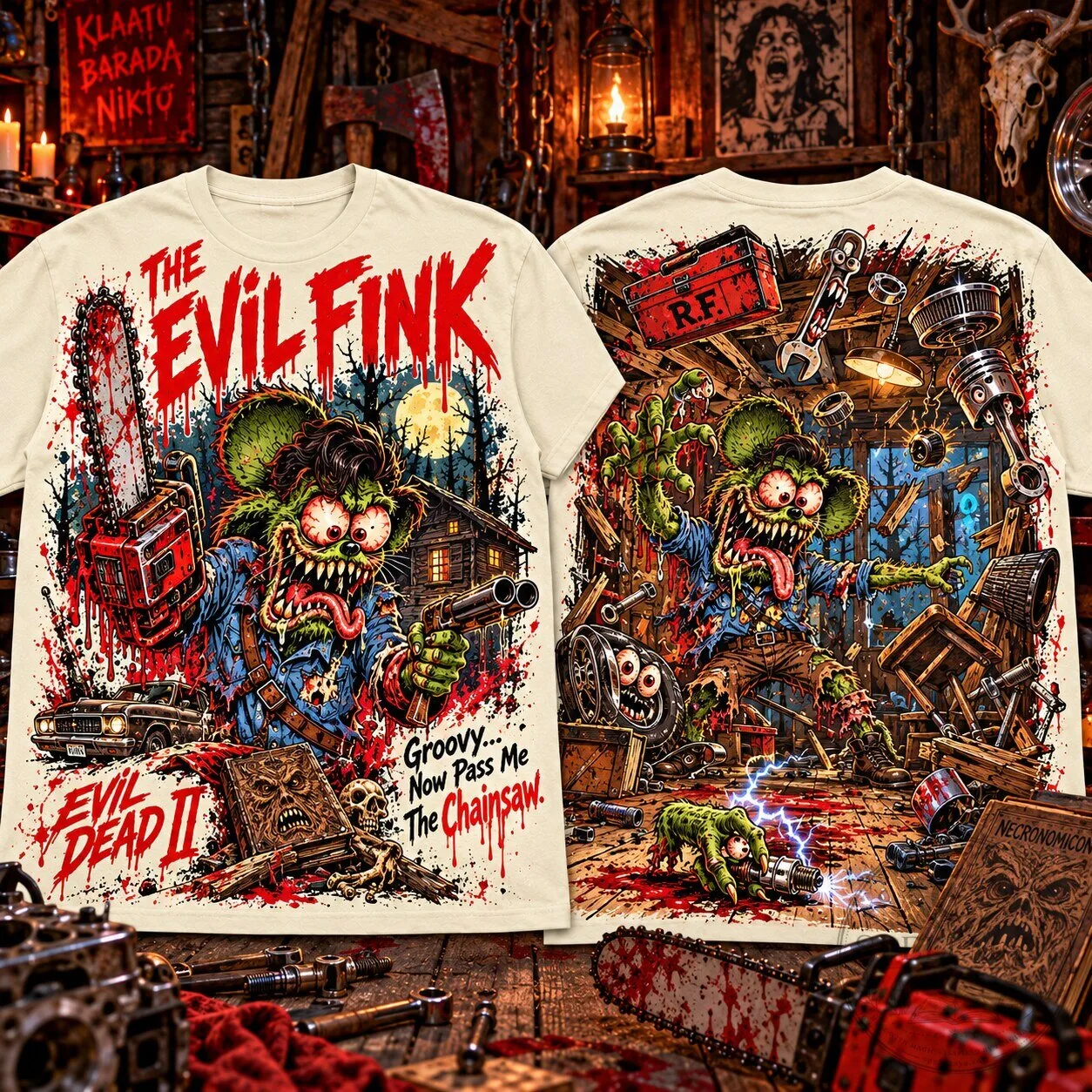 Evil Dead II The Evil Fink Rat Fink Chainsaw Madness Horror Movie T-Shirt