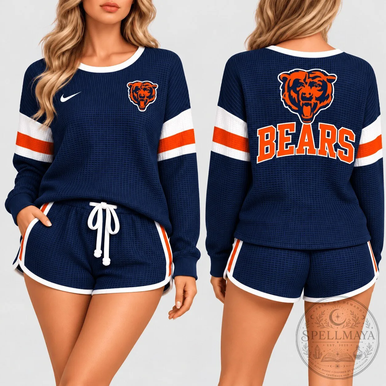 Chicago Bears NFL Waffle Knit Long Sleeve Shirt and Shorts Lounge Set