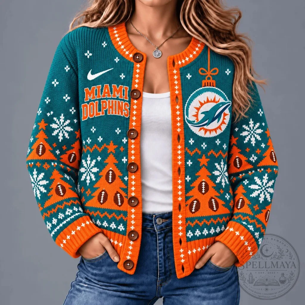 Miami Dolphins Christmas Holiday Ugly Sweater Cardigan for Women Miami Dolphins Christmas Holiday Ugly Sweater Cardigan for Women