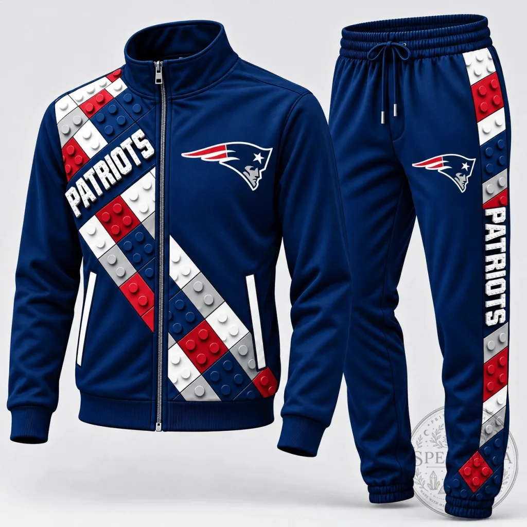 New England Patriots NFL Football Team Blue and Red Block Fusion Tracksuit Hoodie New England Patriots NFL Football Team Blue and Red Block Fusion Tracksuit Hoodie