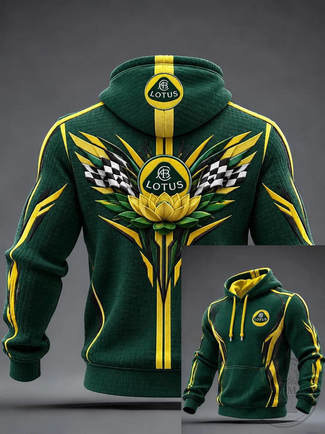 Lotus Racing Team Green and Yellow Floral Graphic Print Pullover Hoodie
