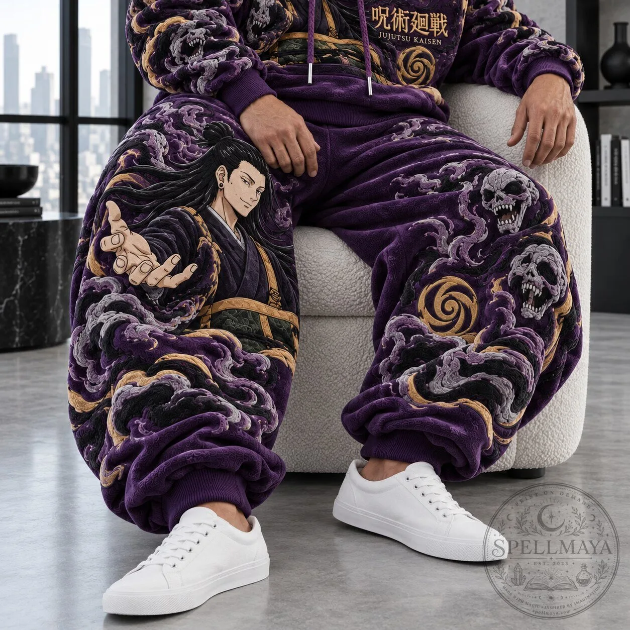 Jujutsu Kaisen Satoru Gojo Anime Purple Skull Print Fleece Sweatpants
