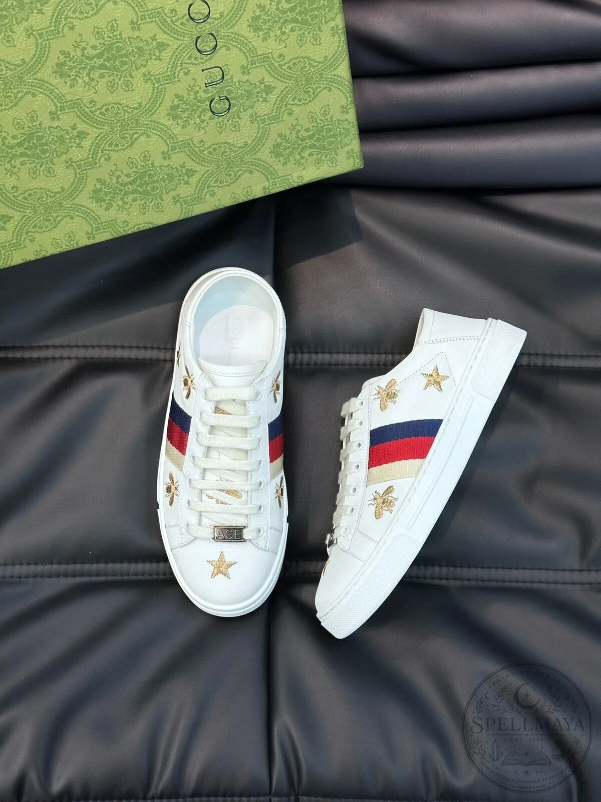 Gucci Ace Embroidered Bee and Star Low-Top Sneakers White Leather 9 Gucci Ace Embroidered Bee and Star Low-Top Sneakers White Leather