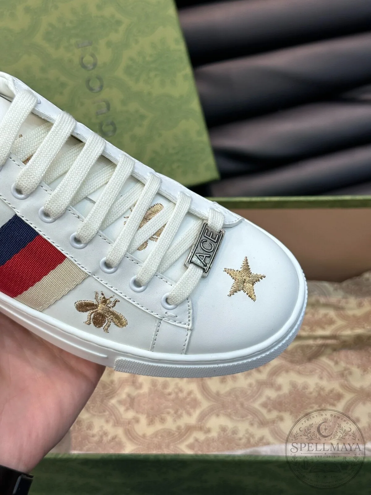 Gucci Ace Embroidered Bee and Star Low-Top Sneakers White Leather 10 Gucci Ace Embroidered Bee and Star Low-Top Sneakers White Leather