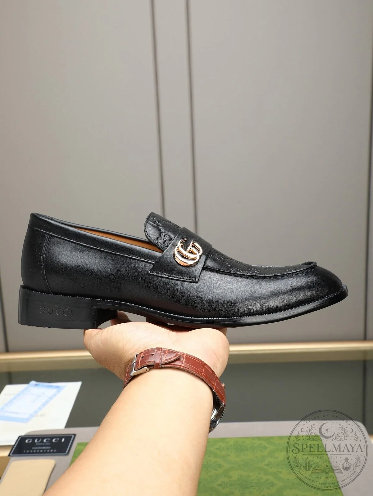 Gucci Black Leather Embossed GG Logo Horsebit Loafer Shoes for Men 9 Gucci Black Leather Embossed GG Logo Horsebit Loafer Shoes for Men