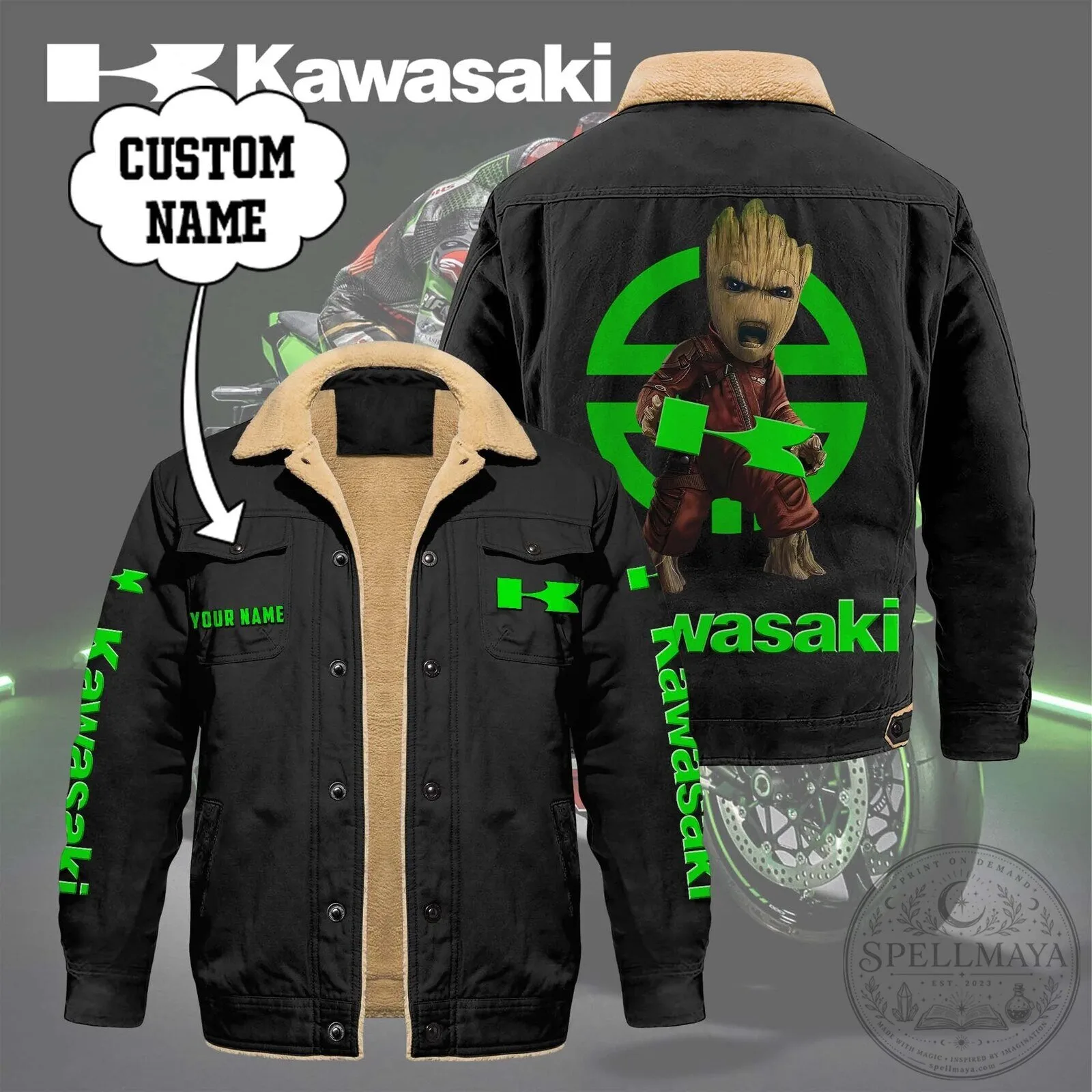 Kawasaki Baby Groot Custom Name Motorcycle Rider Sherpa Fleece Jacket 2 Kawasaki Baby Groot Custom Name Motorcycle Rider Sherpa Fleece Jacket