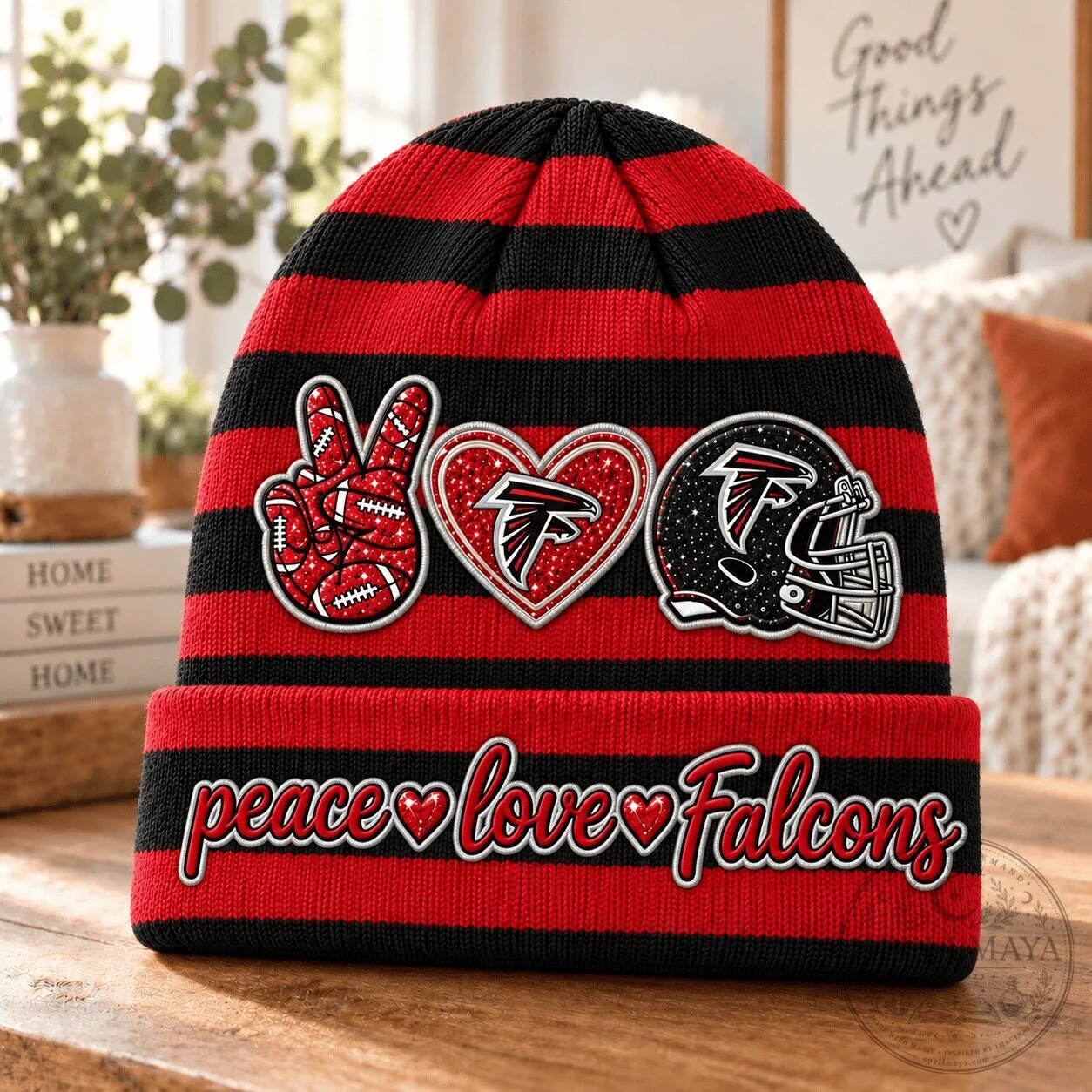 Atlanta Falcons Peace Love Falcons Striped Beanie Hat