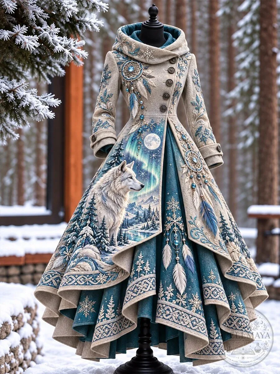 Winter Wolf Forest Moon Snowflake Feather Pattern Women's Long Jacket