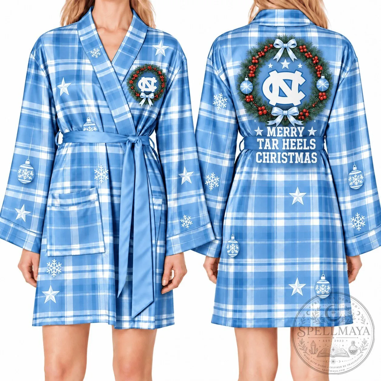 North Carolina Tar Heels Christmas Plaid Satin Robe for Women
