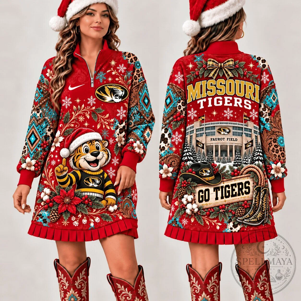 Missouri Tigers Christmas Western Boho Quarter Zip Sweatshirt Dress 1 Missouri Tigers Christmas Western Boho Quarter Zip Sweatshirt Dress