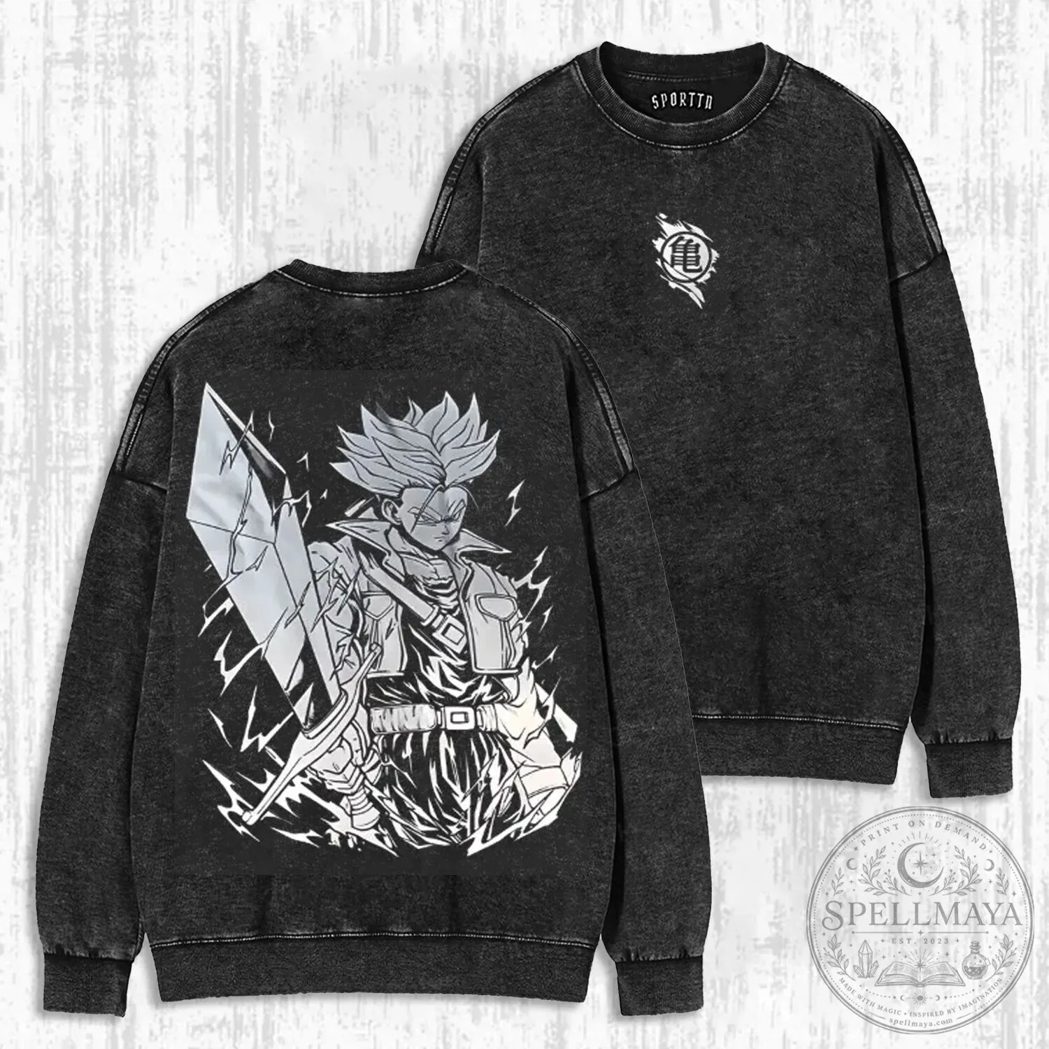 Dragon Ball Z Trunks Super Saiyan Future Warrior Washed Black Crewneck Sweatshirt