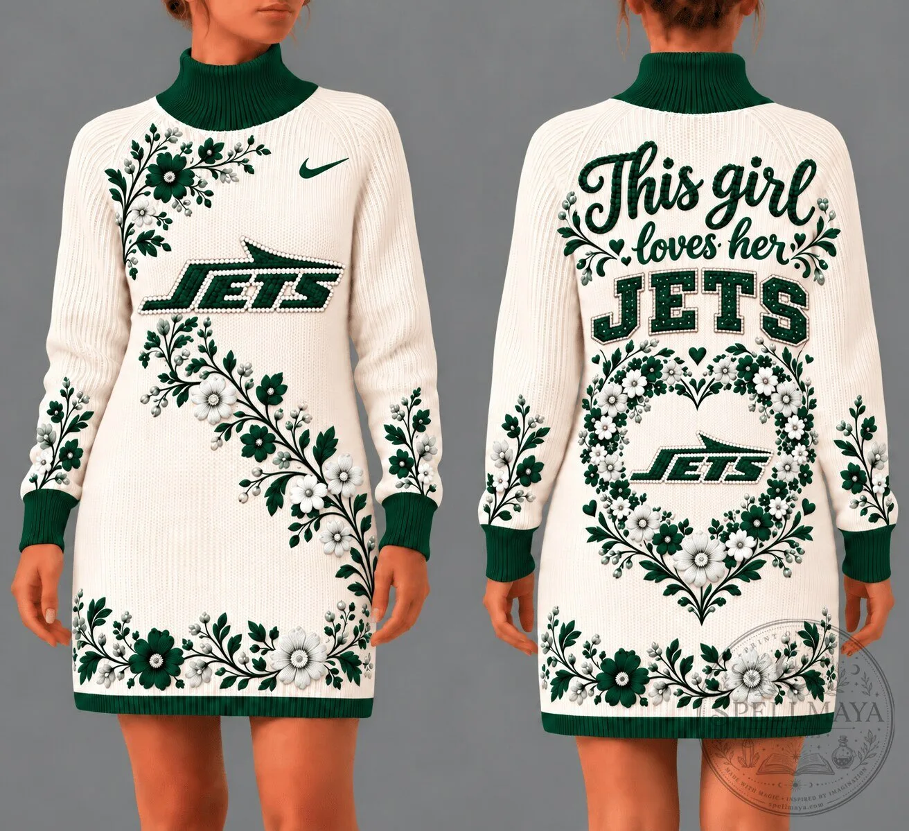 New York Jets Forever Loyal Floral Heart Sweater Dress for Women