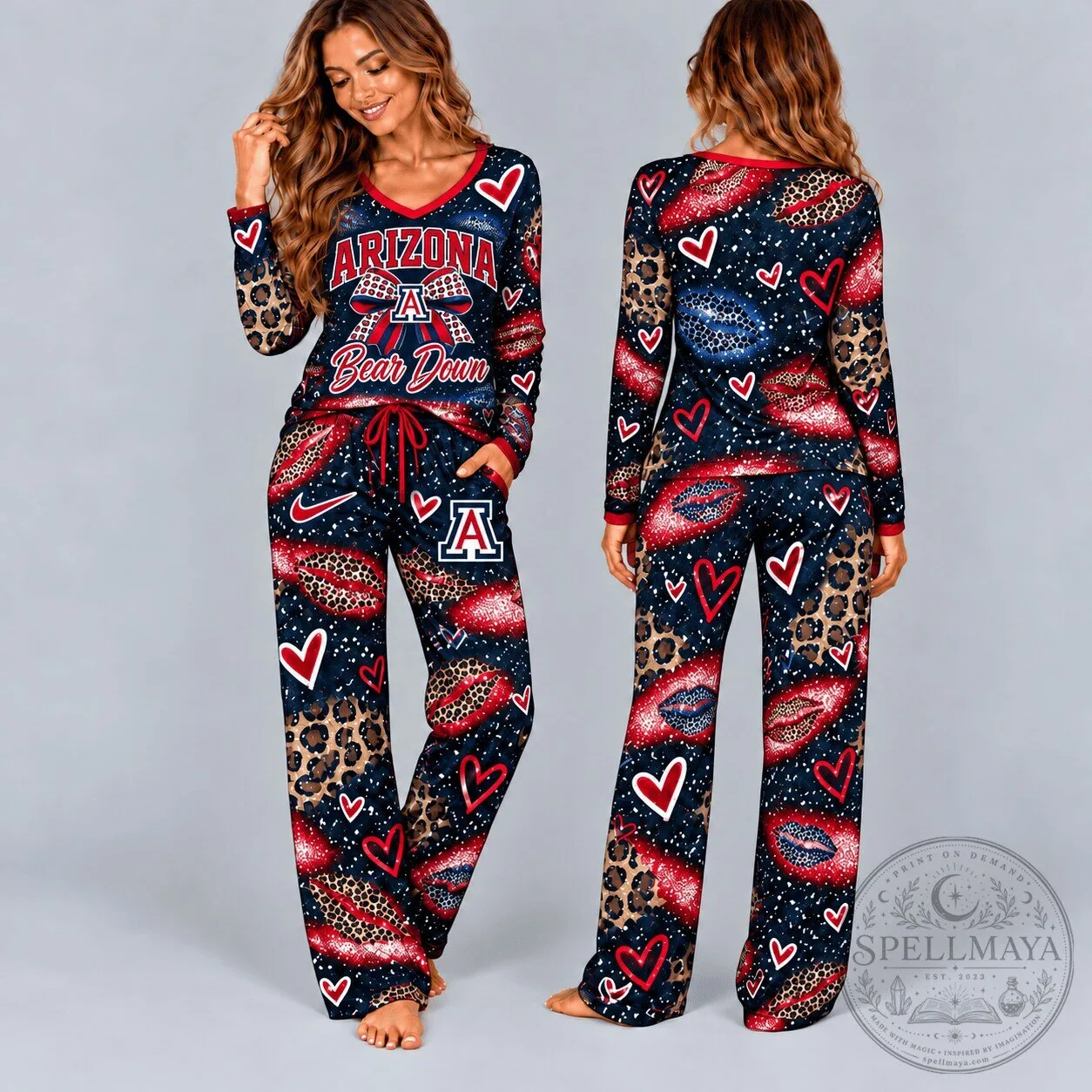 Arizona Wildcats Leopard Print Heart Pattern Long Sleeve Pajamas Set