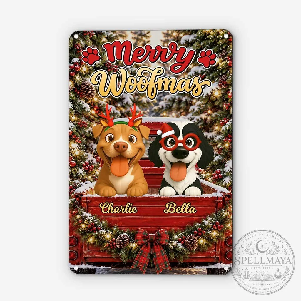 Personalized Merry Woofmas Christmas Dogs in Truck Metal Sign