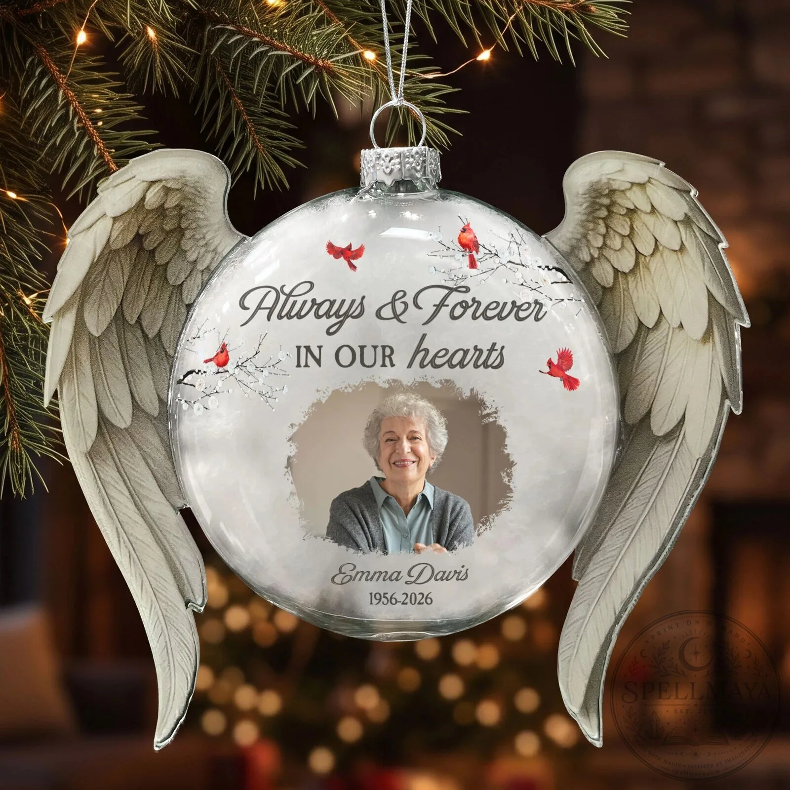 Personalized Memorial Christmas Ornament with Angel Wings and Photo