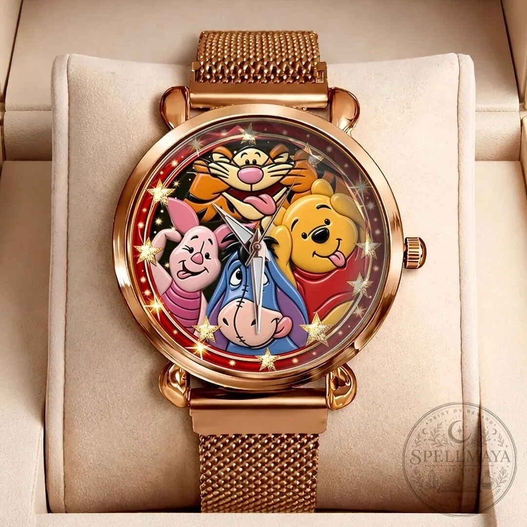 Quartz Watch with Rose Gold Mesh Strap Featuring Winnie The Pooh and Friends