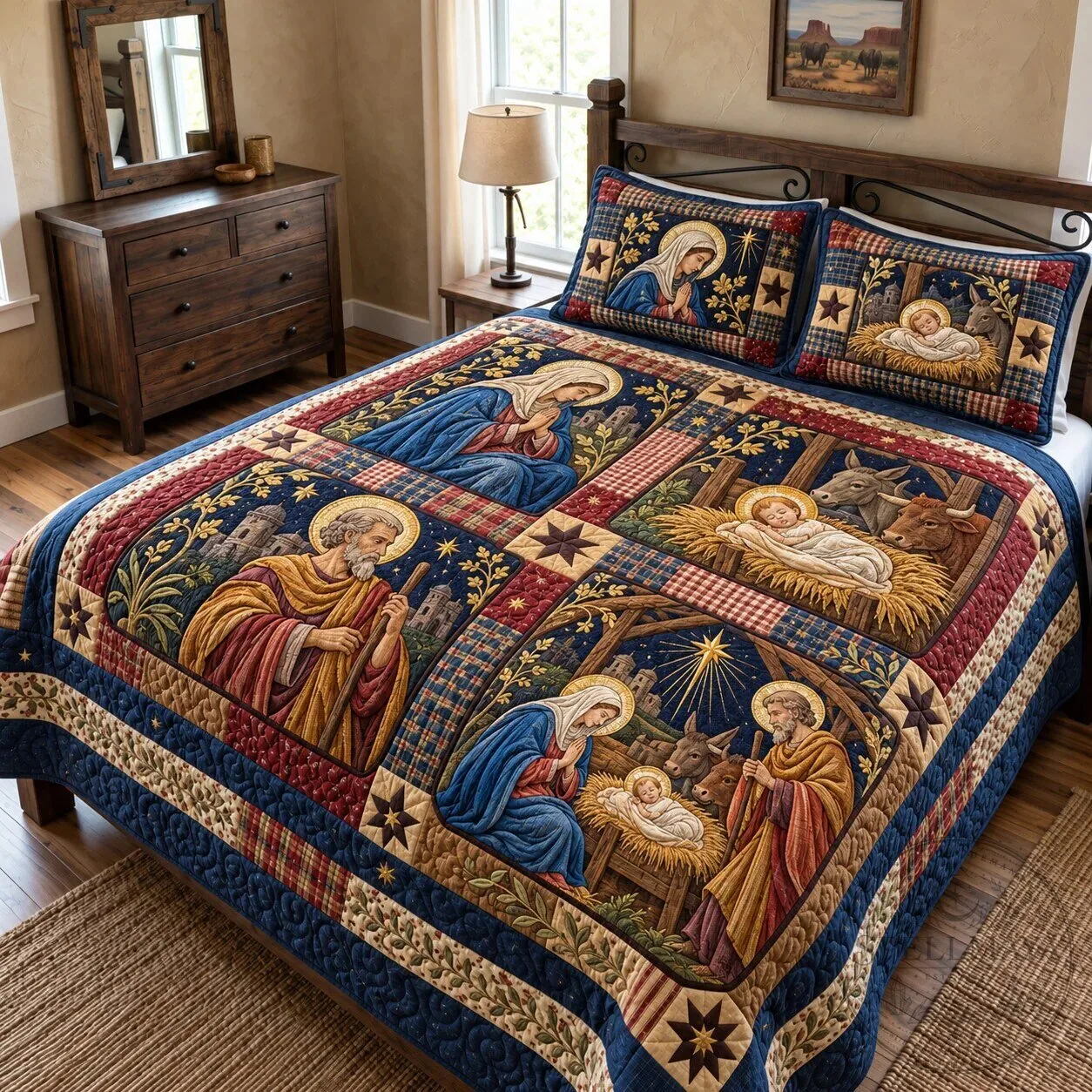Holy Family Nativity Story Quilted Bedding Set with Pillow Shams