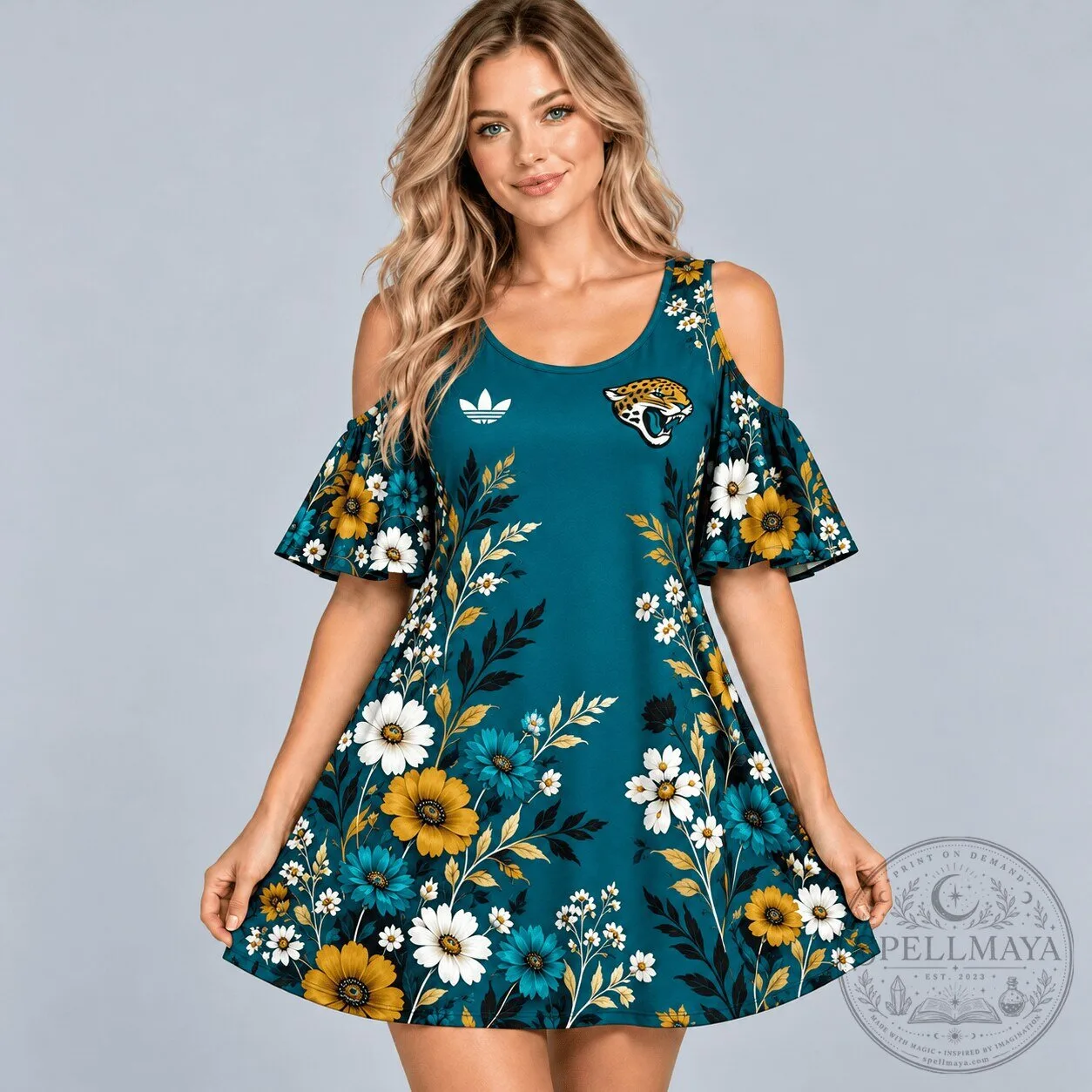 Jacksonville Jaguars Elegant Floral Print Cold Shoulder Ruffle Sleeve Mini Dress