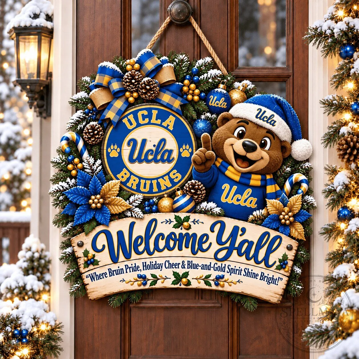 UCLA Bruins Mascot Christmas Welcome Y'all Holiday Door Hanger 1 UCLA Bruins Mascot Christmas Welcome Y