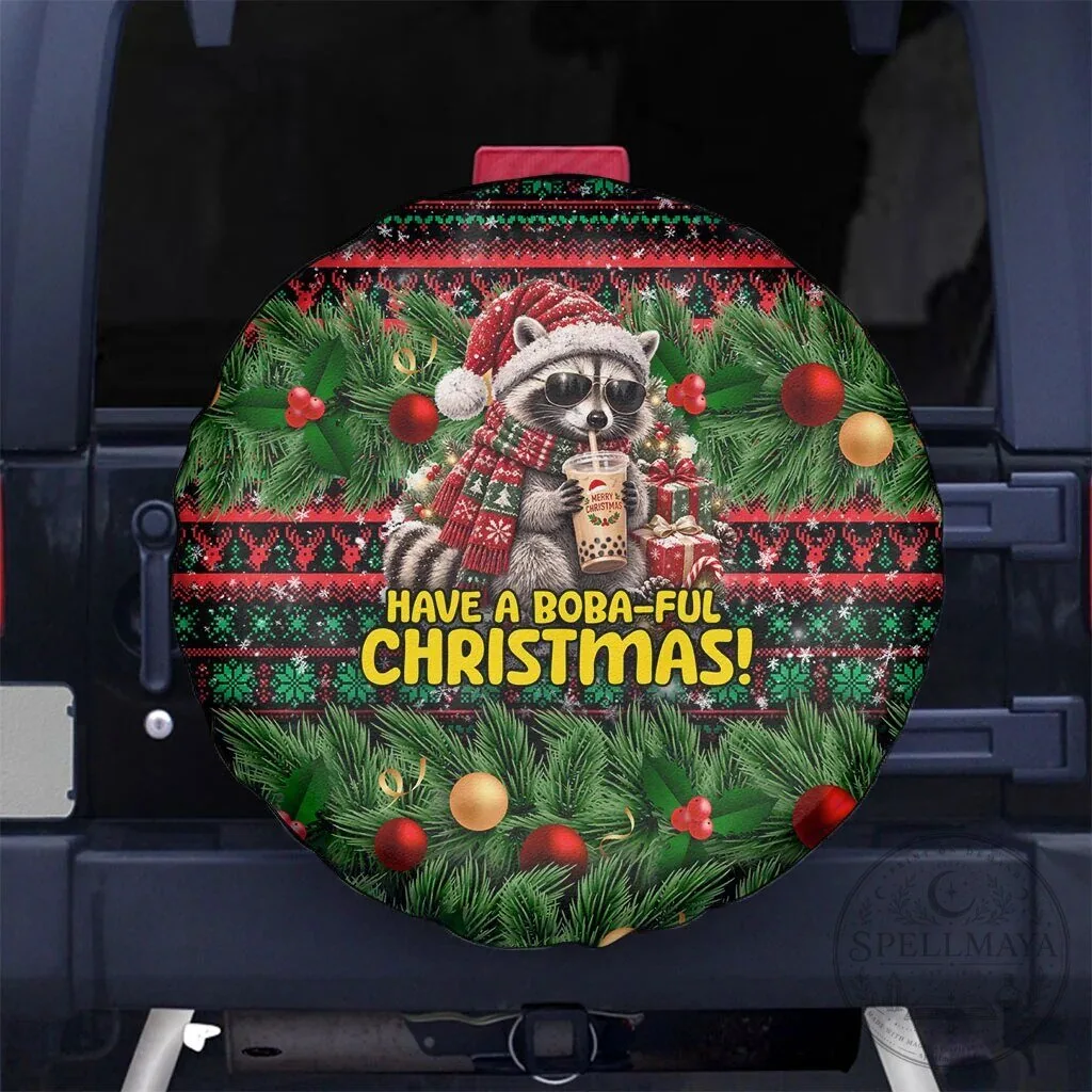 Christmas Raccoon Drinking Boba Tea Have a Boba-Ful Christmas Spare Tire Cover