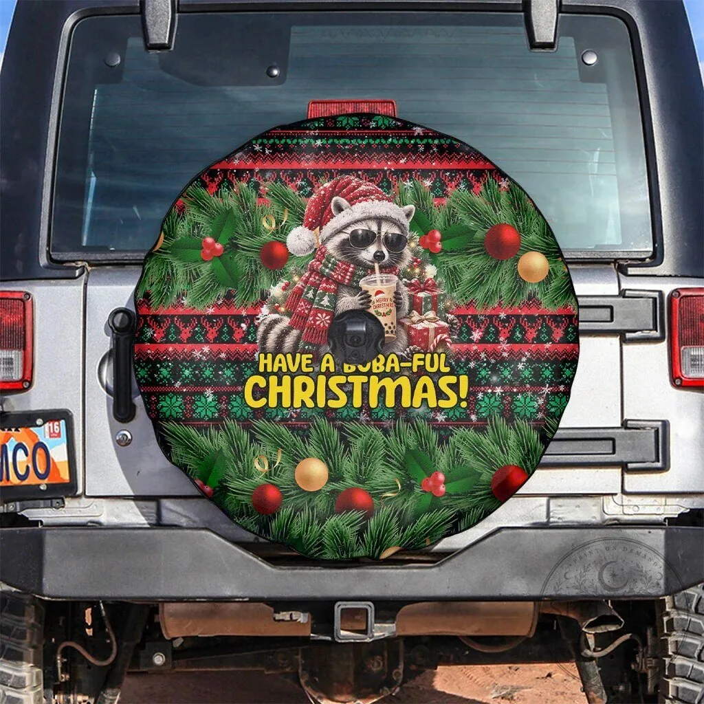Christmas Raccoon Drinking Boba Tea Have a Boba-Ful Christmas Spare Tire Cover 6 Christmas Raccoon Drinking Boba Tea Have a Boba-Ful Christmas Spare Tire Cover