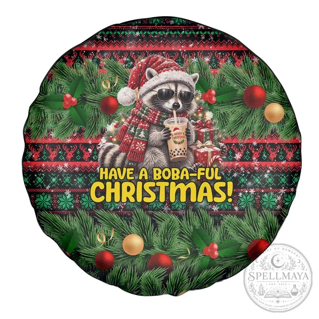 Christmas Raccoon Drinking Boba Tea Have a Boba-Ful Christmas Spare Tire Cover 8 Christmas Raccoon Drinking Boba Tea Have a Boba-Ful Christmas Spare Tire Cover