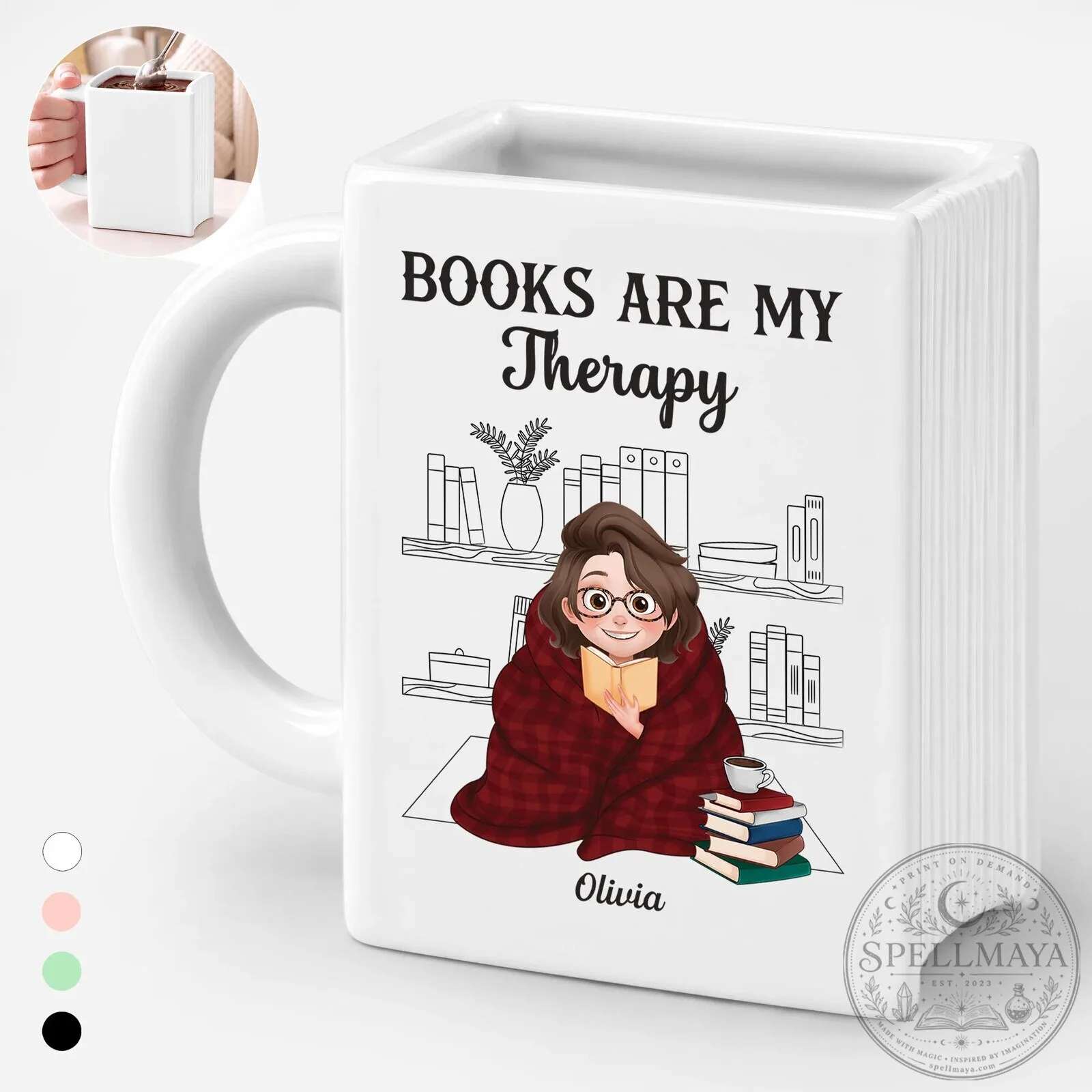 Personalized Book Lover Mug - Books Are My Therapy Reading Girl Coffee Cup