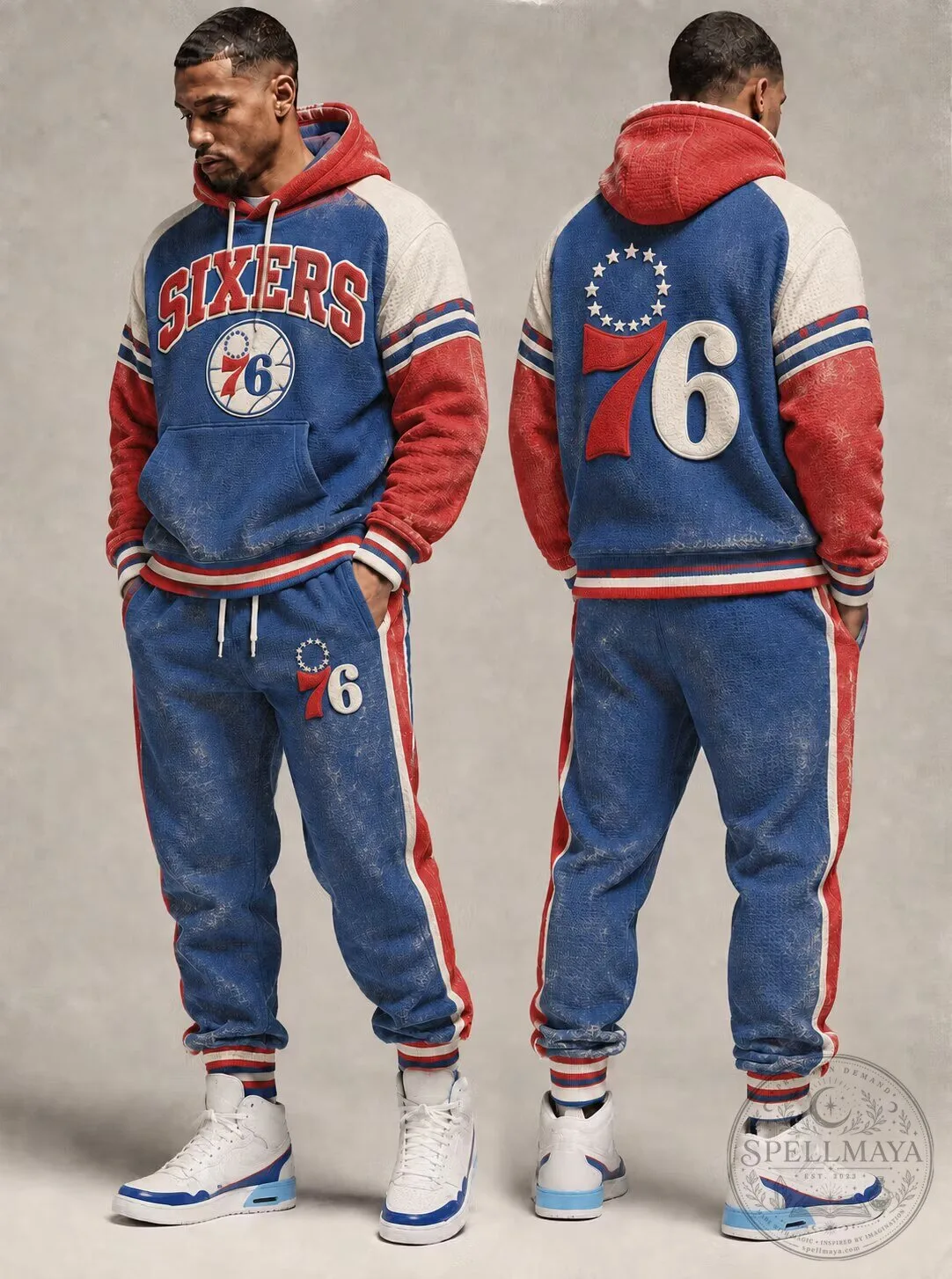 Philadelphia 76ers Vintage Style Blue and Red Hoodie and Sweatpants Set