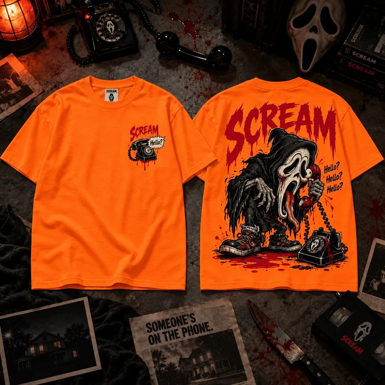 Scream Ghostface Killer Horror Movie Hello Phone Call Orange T-Shirt 3 Scream Ghostface Killer Horror Movie Hello Phone Call Orange T-Shirt